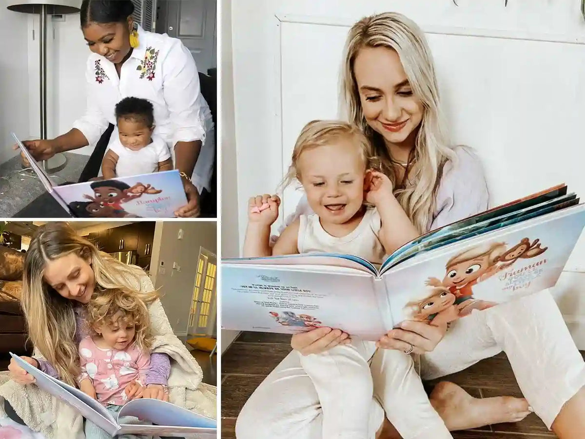 Las mamás leyendo su libro personalizado a sus hijos y están contentas con su significativo regalo de cumpleaños.