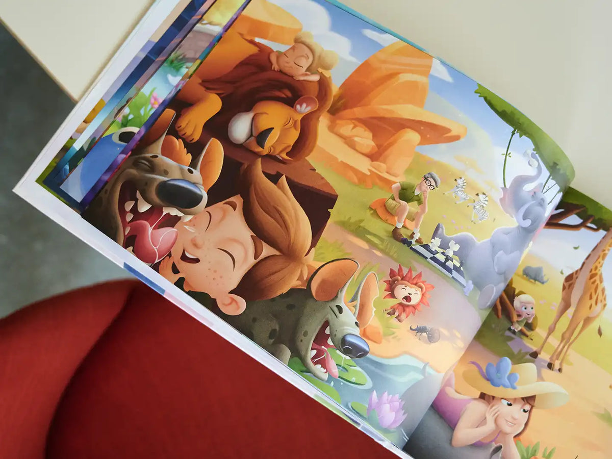 Ilustración del libro personalizado para familias donde la familia es amiga de los animales africanos.