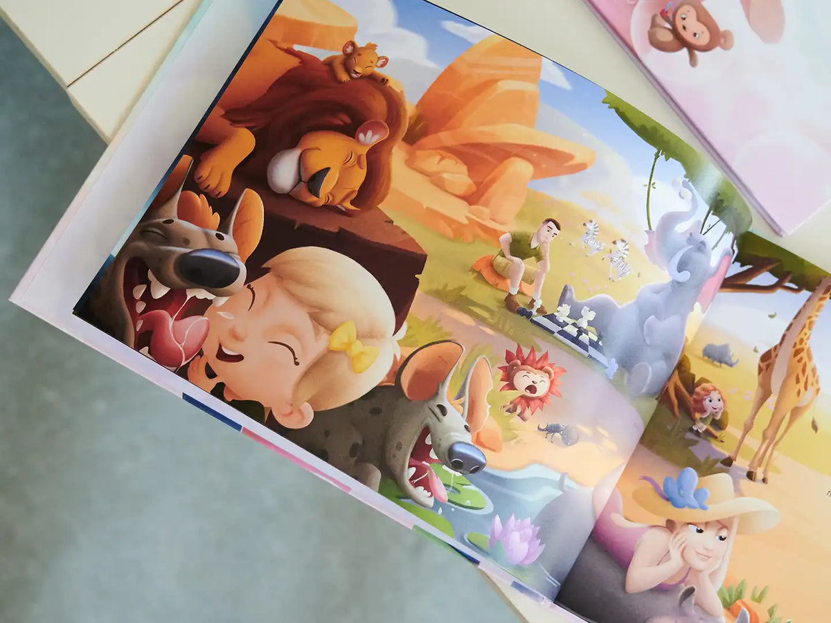 Ilustración del libro personalizado para familias donde la familia es amiga de animales africanos.