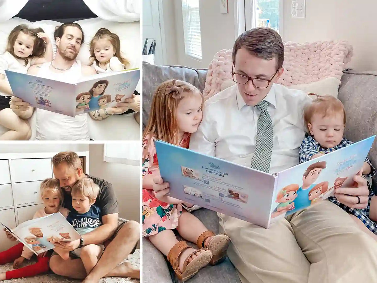Familia descubriendo el Libro Personalizado para Papá.
