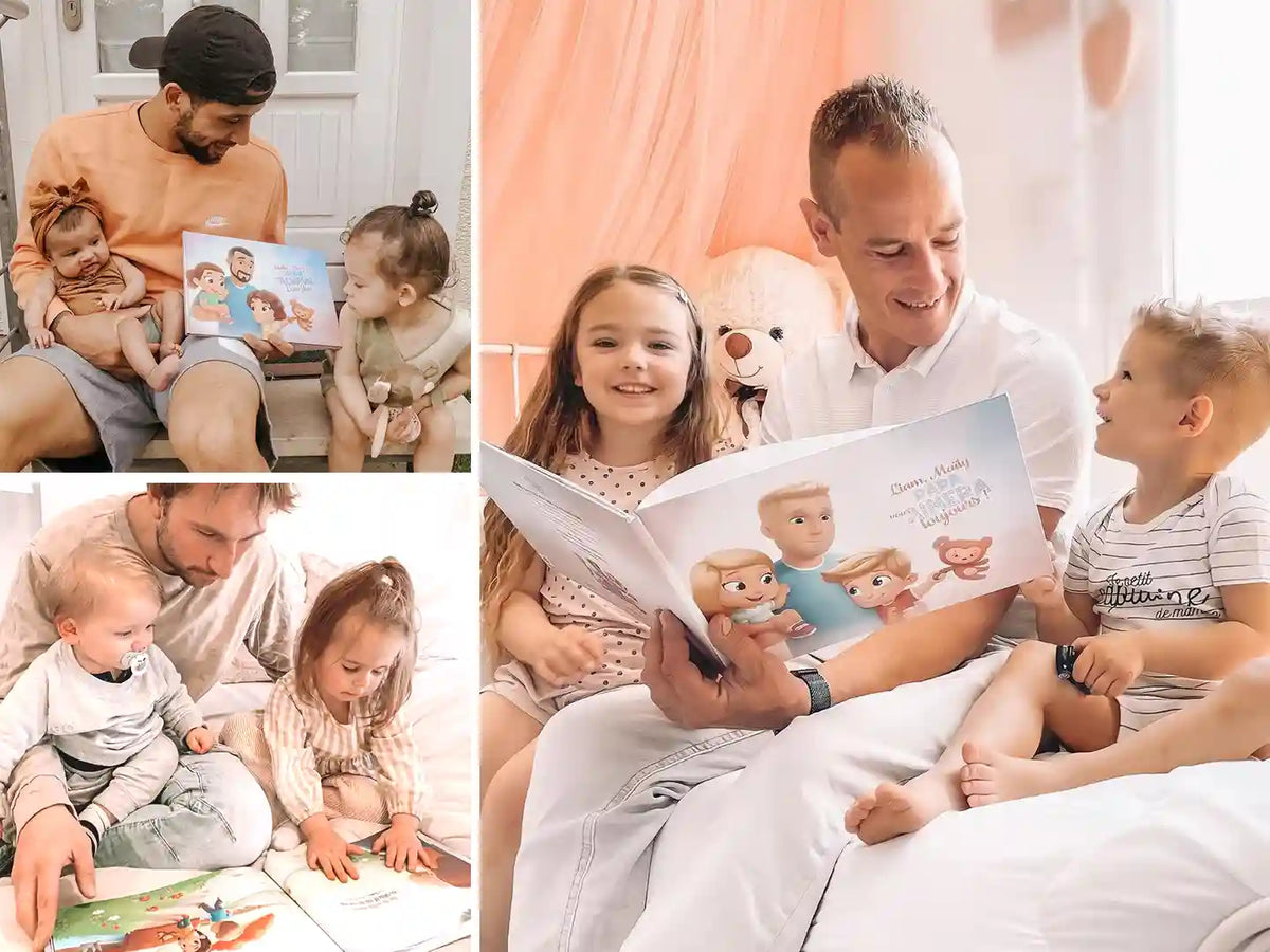 Familia descubriendo el Libro Personalizado para Papá  Papá hecho a medida justo para papá y sus hijos.