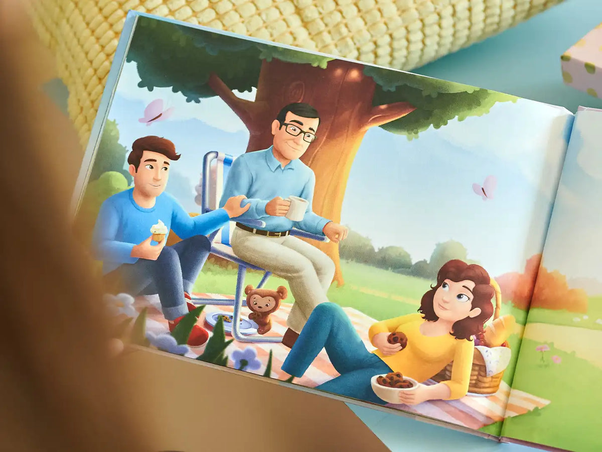 Una ilustración de un libro personalizado para papá y sus hijos.