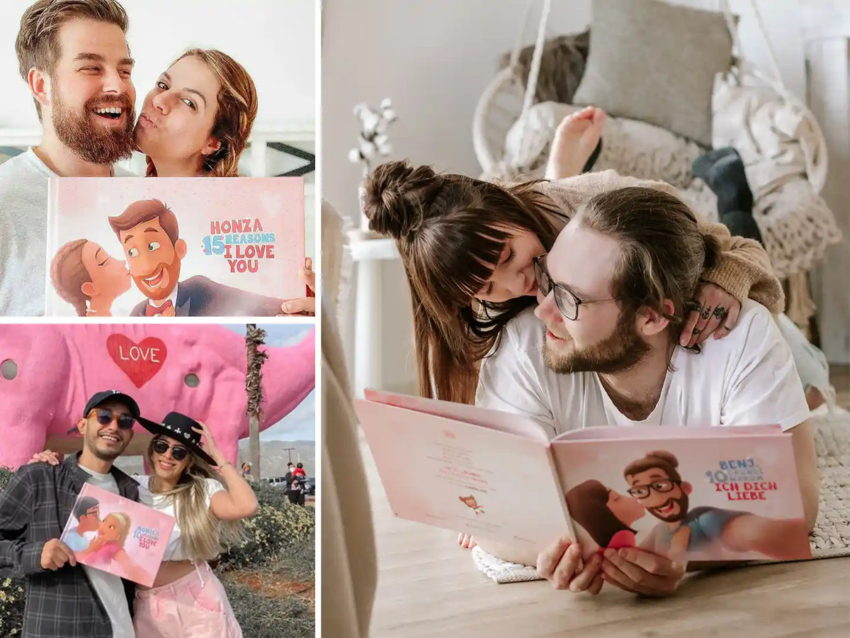 Las parejas sonríen porque están felices con su historia de amor en el libro de cuentos de amor personalizado.