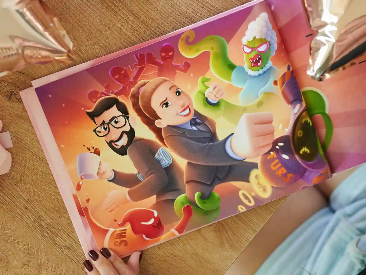 Ilustración vibrante de un libro de imágenes de amor personalizado para parejas que también es el mejor regalo para la pareja.