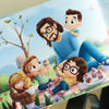 Una ilustración de un libro personalizado para papá y sus hijos.