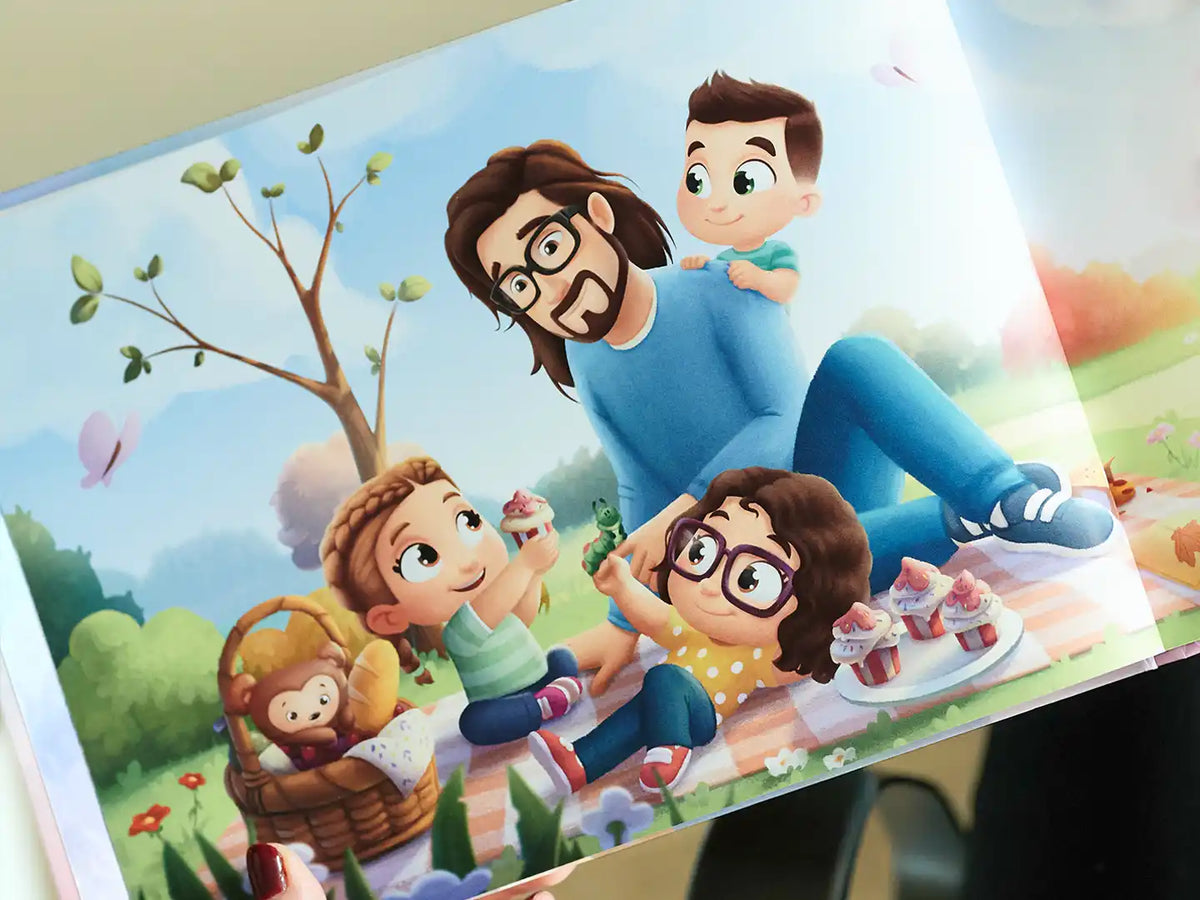 Una ilustración de un libro personalizado para papá y sus hijos.